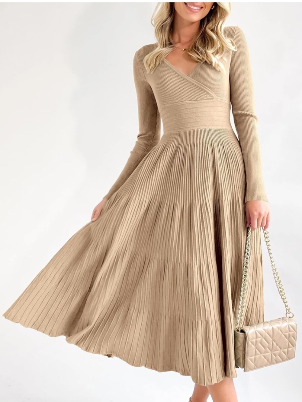 Saodimallsu Womens Long Sleeve Midi Sweater Dress- Khaki - Picture 3 of 3